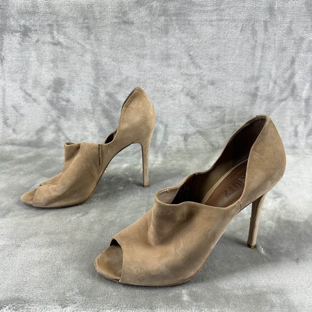 Schutz Ankle Bootie Women's 10 Tan Nude Suede Peep Toe Stiletto